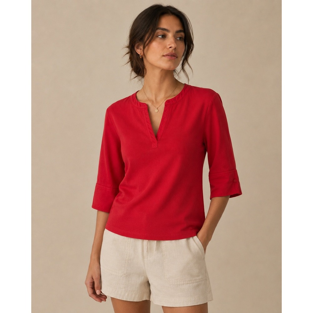 Maeve Anthropologie‎ Red Ribbed Split Neck Top 3/4 Sleeve XL OB1747995